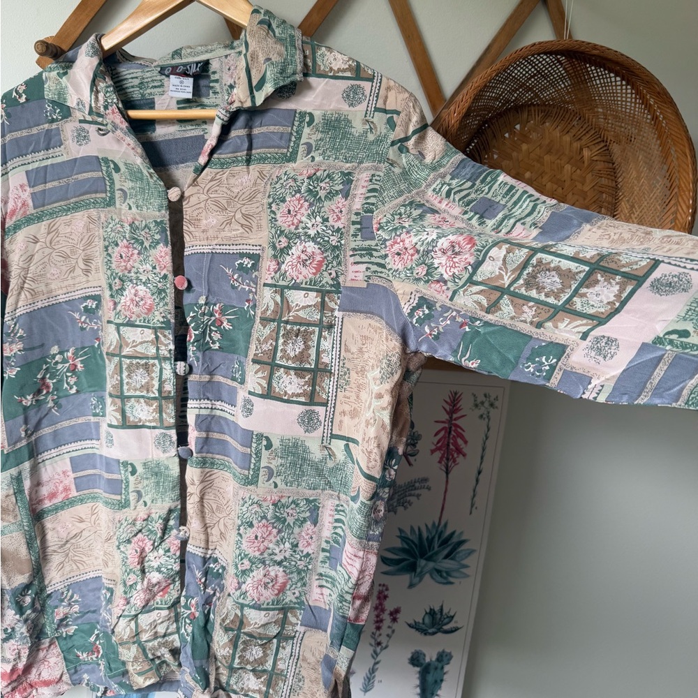 Vintage Silk Floral Patchwork Button Down Shirt - image 2